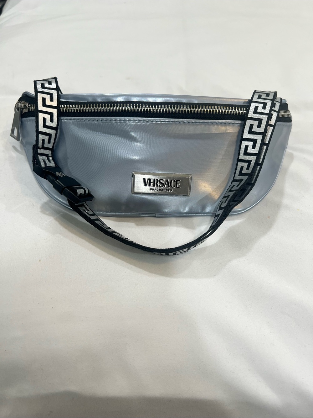 Authentic Versace Silver Cosmetic Pouch with Metal Logo Plate